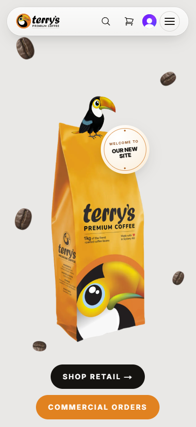 Custom-branded Terry's Premium Coffee mobile landing page with product hero, Shop Retail and Commercial Orders buttons